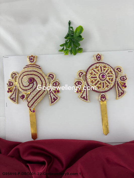Shanku Chakra with Stones for Temple Worship and Deity Idols Pink Color G95616-DSC001-22-Godjewellery9.com 1