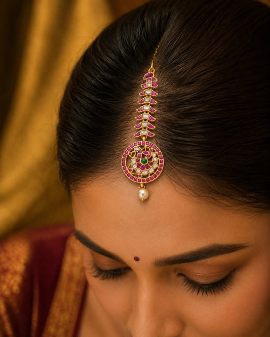 antique linear round jadau kundan maang tikka maang tikka only on jewellery display – view 2