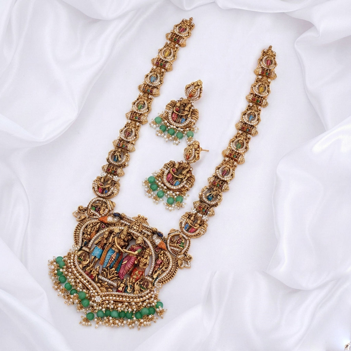 Antique Temple Jewellery Necklace Set - Meenakari Detailing – Meenakari Temple Jewellery Necklace Set - Overhead – front view