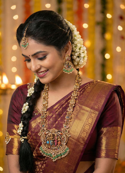 Antique Temple Necklace Set - Model wearing the full Antique Temple Jewellery set, showcasing its grandeur on a – view 2