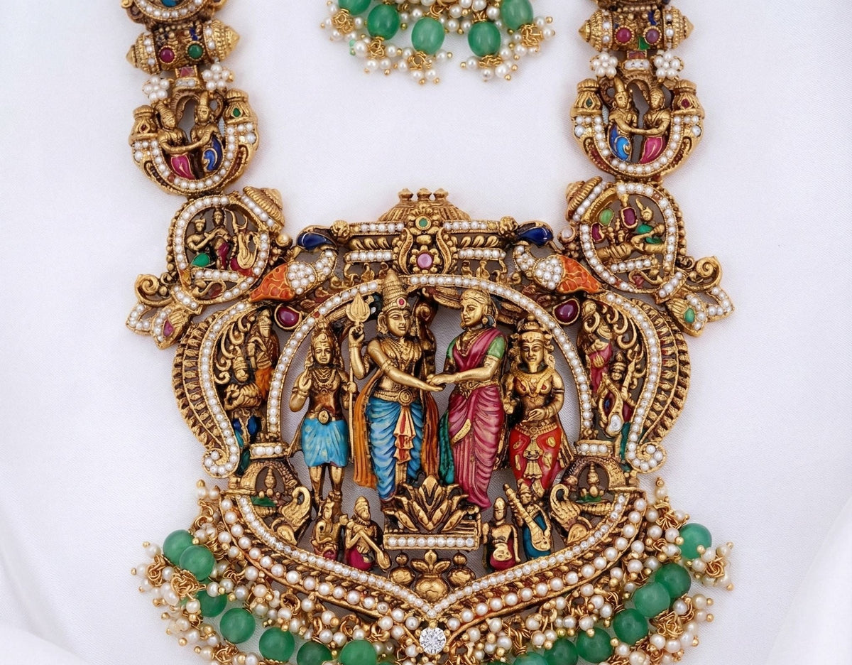 Antique Temple Jewellery Necklace Set - Meenakari Detailing – Necklace - Detailed view of the central pendant – view 3
