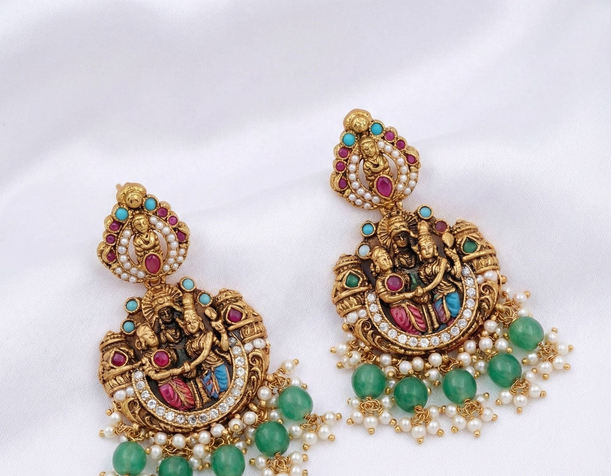 Antique Meenakari Earrings - Close-up view of the matching Antique Temple Jewellery earrings with green beads and – view 4