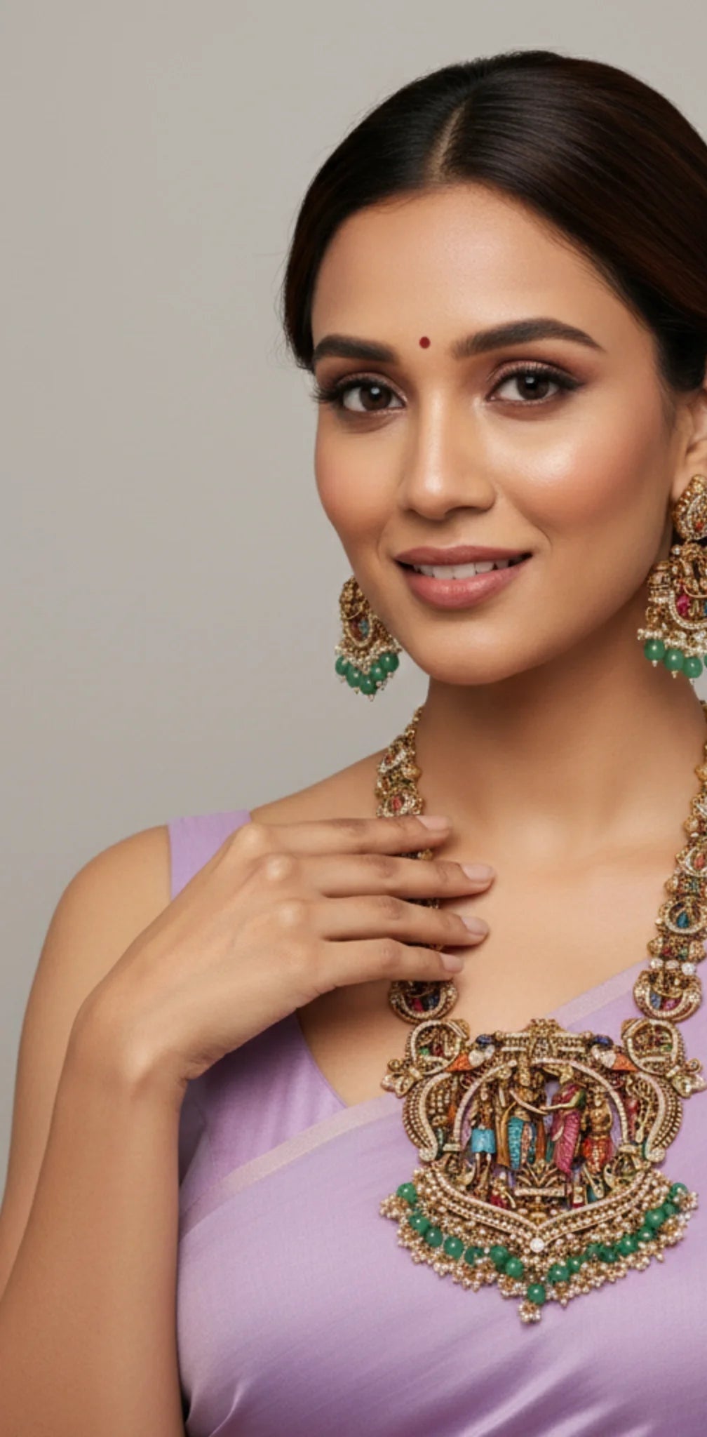 Antique Temple Jewellery Necklace Set - Meenakari Detailing – Gold Plated Temple Jewellery Necklace Set - Model – view 5