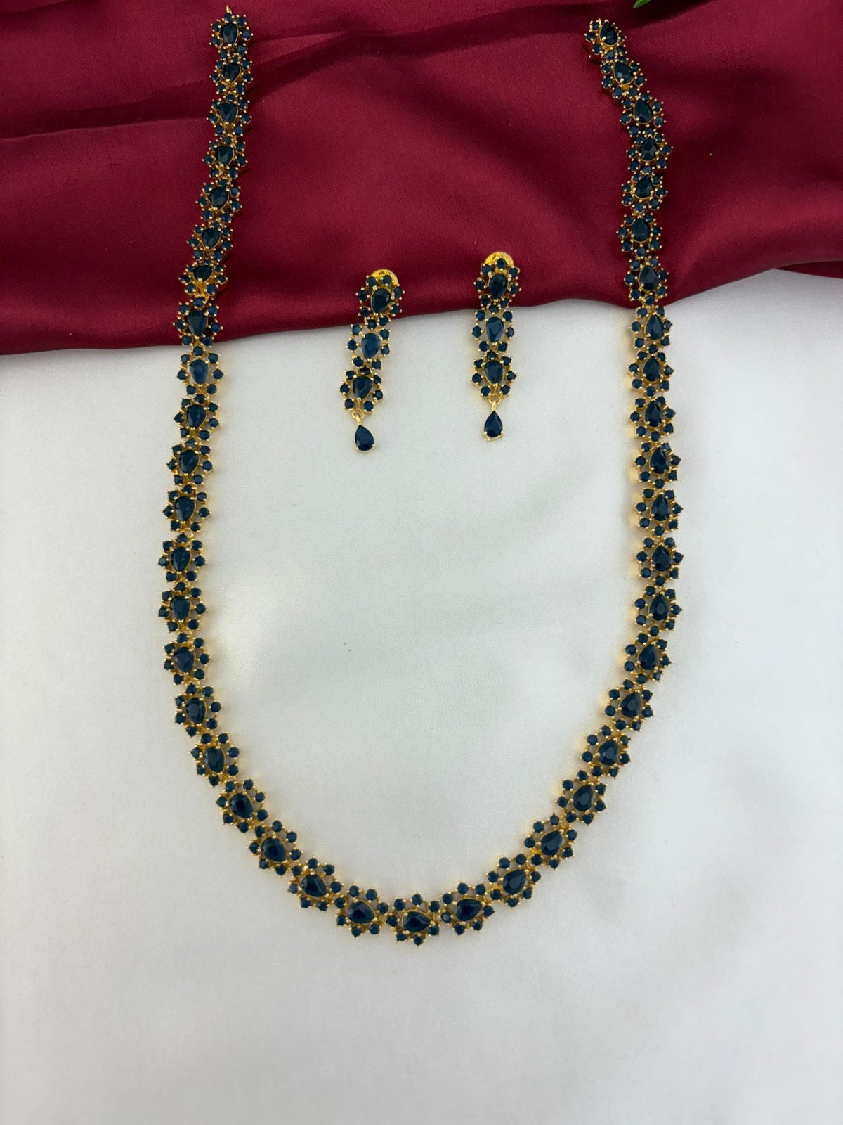 Azure Aura Sapphire-Blue & AD Halo Long Necklace & Earring Set - Complete view of the gold-tone necklace and – front view