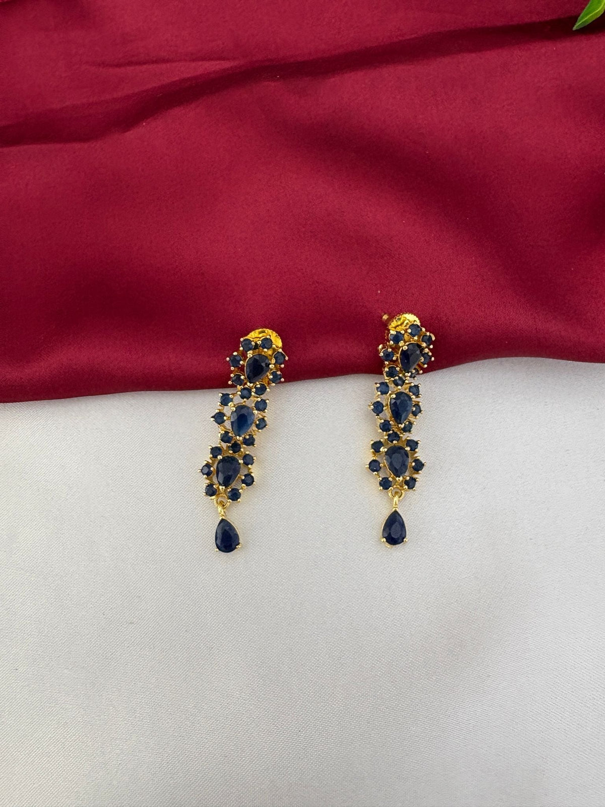Detailed close-up of the Azure Aura Sapphire-Blue & AD Halo Earrings, showcasing the intricate design with – view 2
