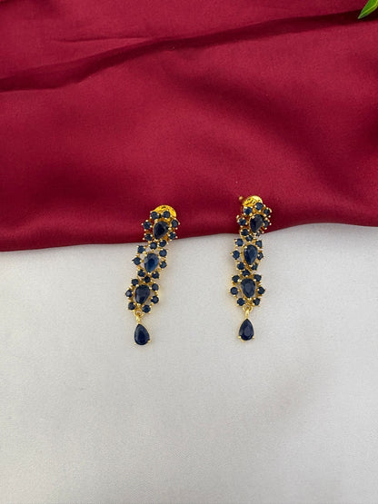 Detailed close-up of the Azure Aura Sapphire-Blue & AD Halo Earrings, showcasing the intricate design with – view 2