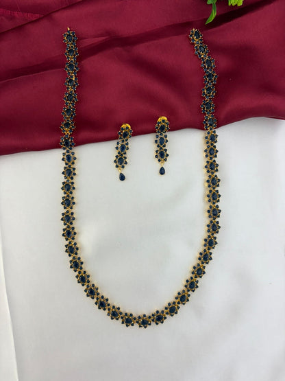 Azure Aura Sapphire-Blue & AD Halo Long Necklace & Earring Set - Full set shown from an alternate angle – view 3
