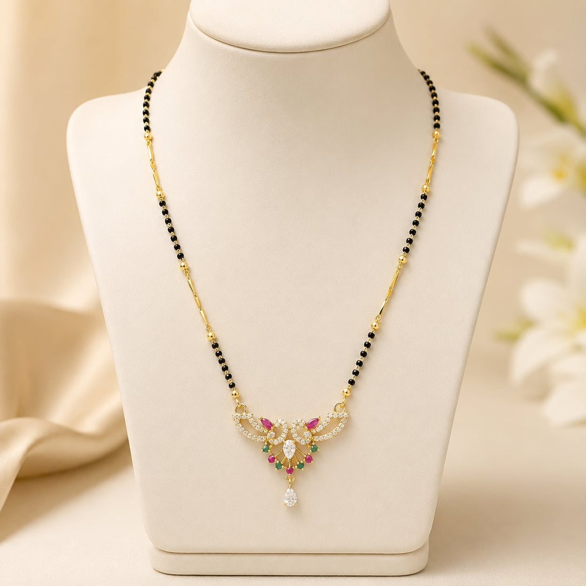Black-Bead Wing Drop Mangalsutra Necklace, wing drop pendant detail view – front view