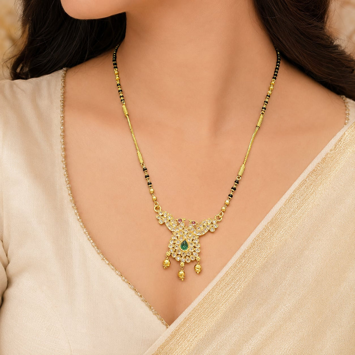 Black-Bead Peacock Drop Mangalsutra Necklace, jewellery display view – view 2