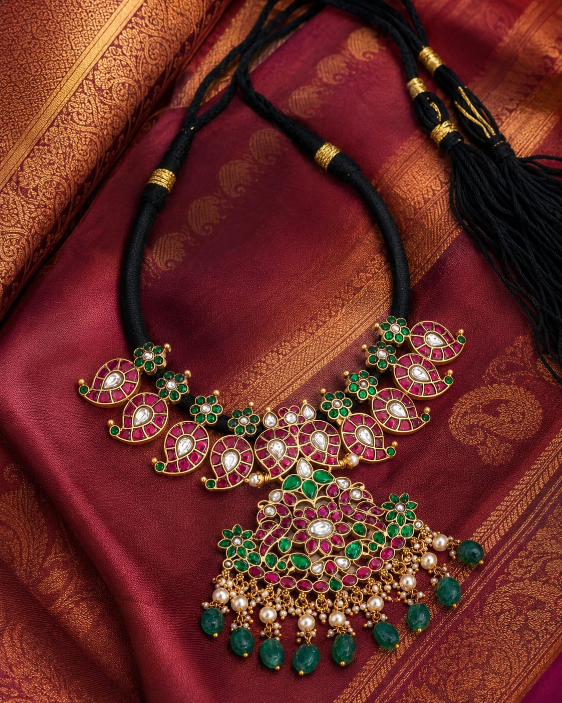 black-toned bead floral pendant jadau kundan necklace close-up of kundan stones and jadau work – view 3