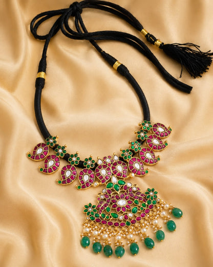black-toned bead floral pendant jadau kundan necklace for Indian festive necklace styling – view 5