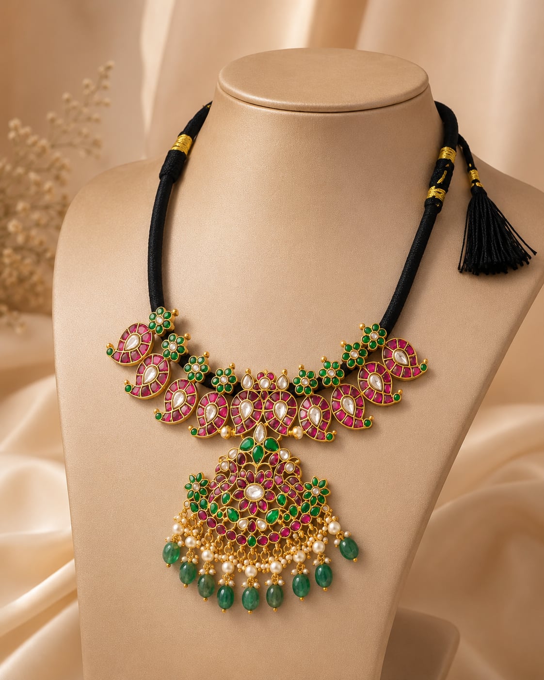 black-toned bead floral pendant jadau kundan necklace for pattu saree styling – front view