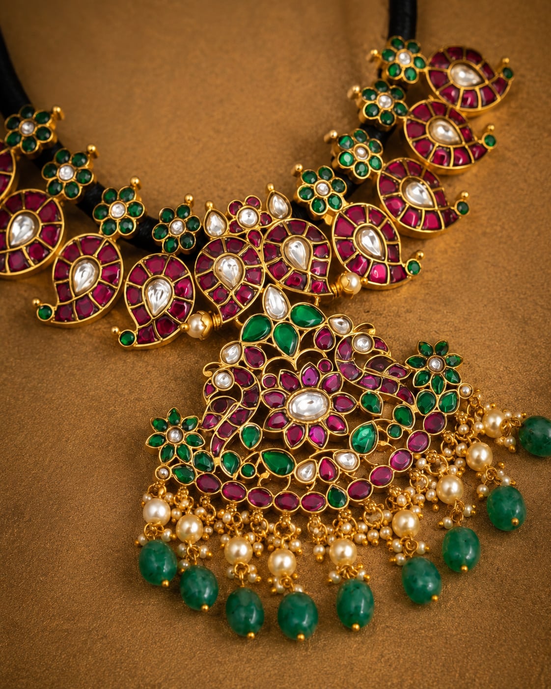 black-toned bead floral pendant jadau kundan necklace styled with saree fabric – view 4
