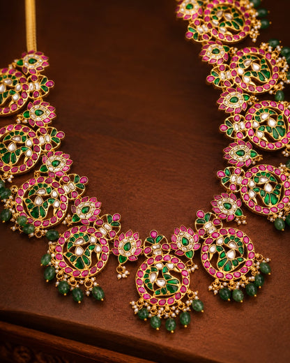 broad floral panel jadau kundan long haram necklace close-up of kundan stones and jadau work – view 3