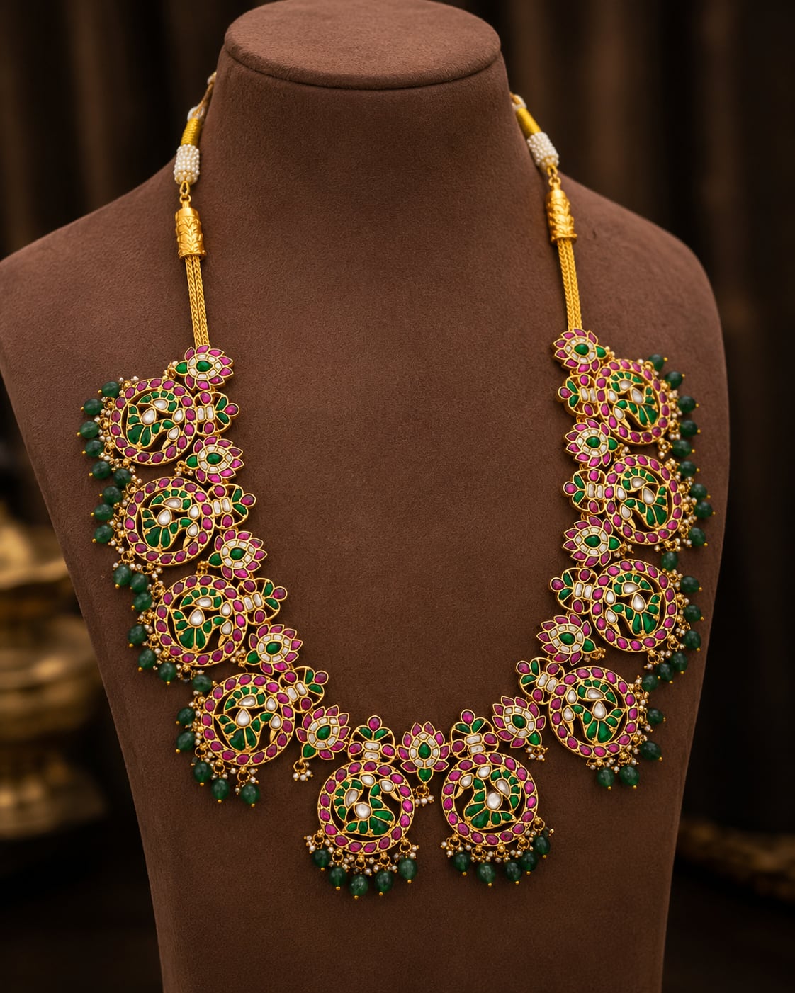 broad floral panel jadau kundan long haram necklace for pattu saree styling – front view