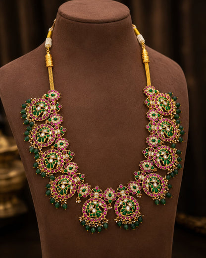 broad floral panel jadau kundan long haram necklace for pattu saree styling – front view