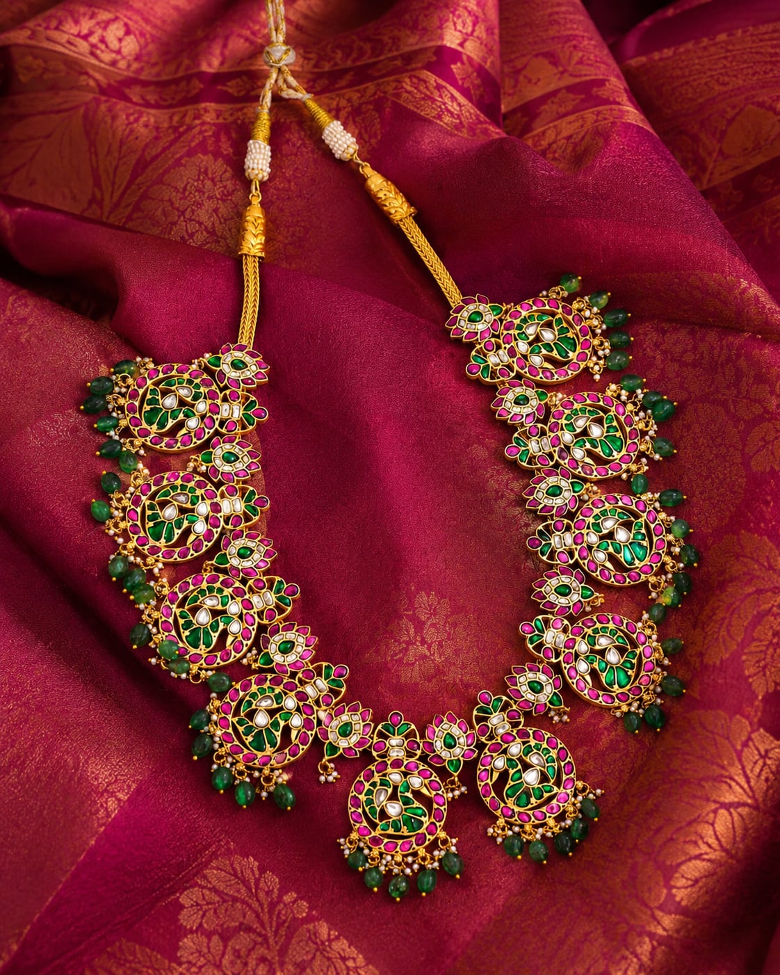 broad floral panel jadau kundan long haram necklace styled with saree fabric – view 4