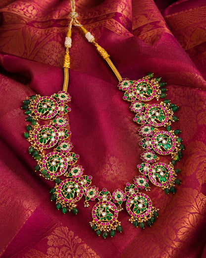 broad floral panel jadau kundan long haram necklace styled with saree fabric – view 4