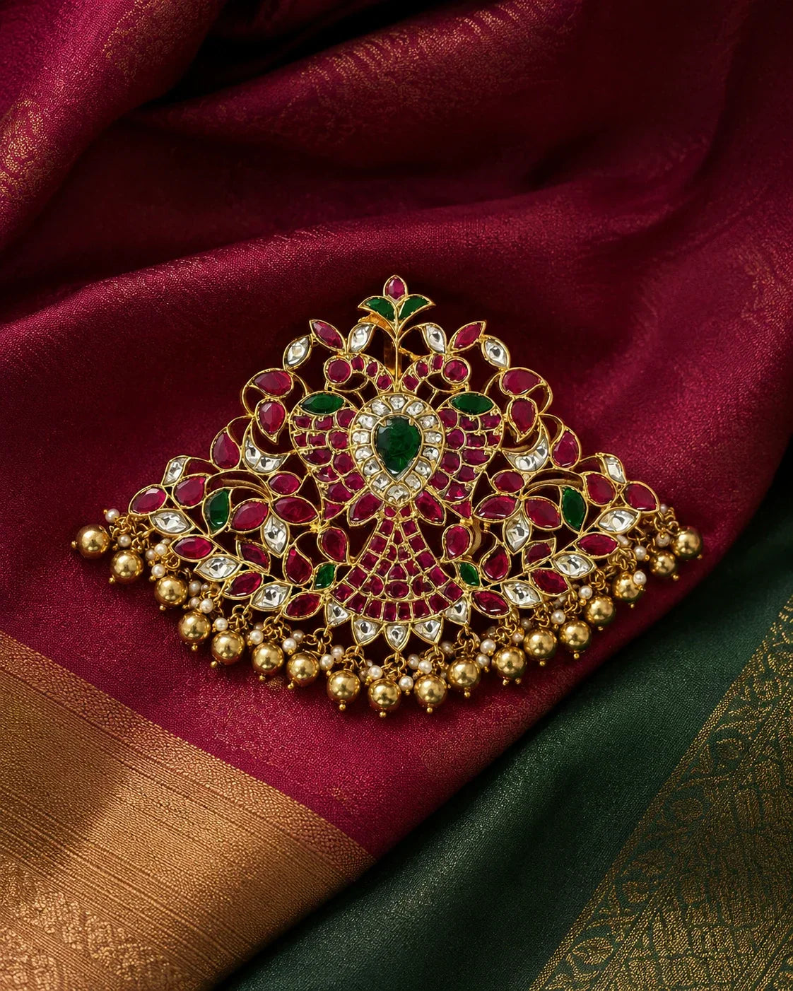 Broad Floral Green Drop Jadau Kundan Pendant for Pattu Saree Styling – Broad twin-peacock Jadau Kundan pendant – view 4