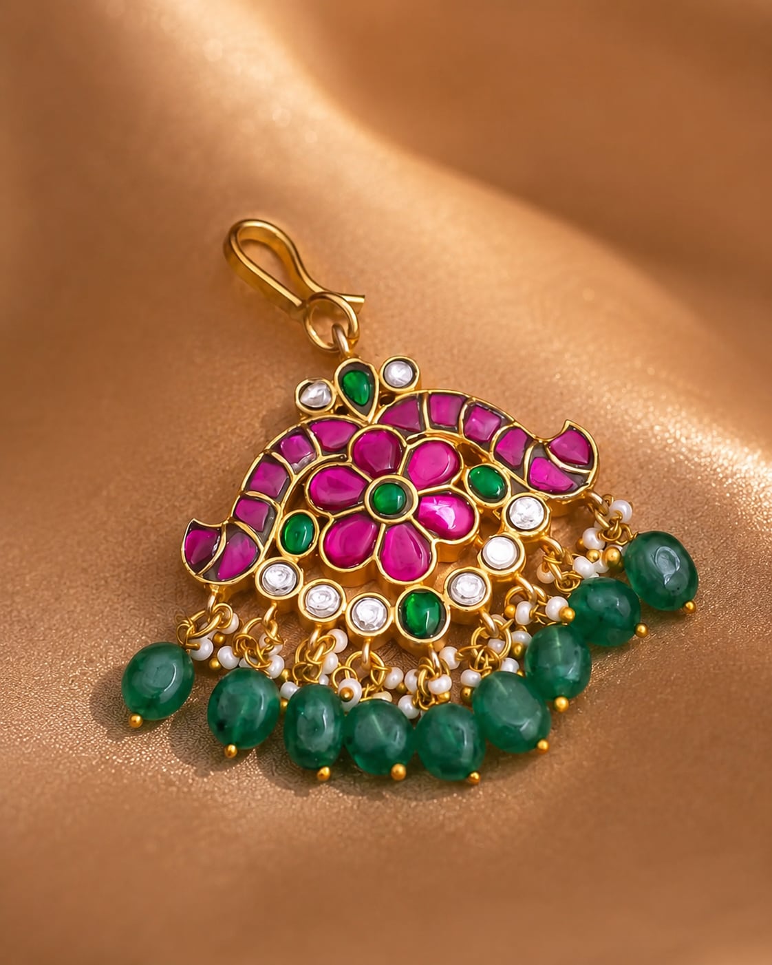 chandbali green drop jadau kundan maang tikka maang tikka only styled with saree fabric – view 4