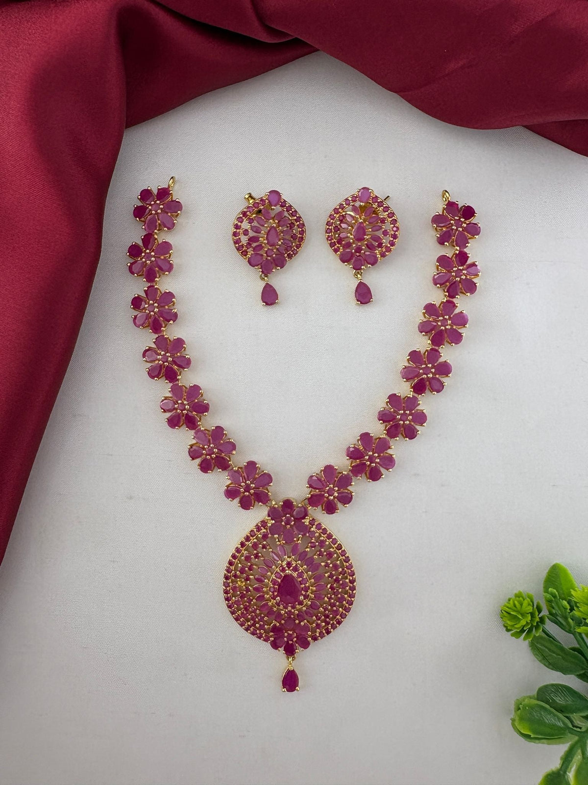 Charming Ruby CZ Short Necklace Set for Telugu Weddings – Charming Ruby-Tone CZ Short Necklace Set for Telugu – front view