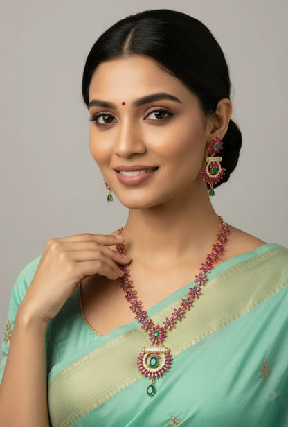 Classic Floral Necklace Set with Ruby and Emerald Accents – Necklace Set - Model wearing gold plated ruby & emerald – view 2