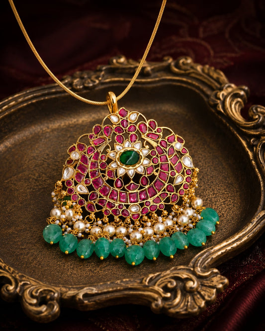 jadau kundan Manga Lotus Chandbali Pendant - wearing-scale view – view 2