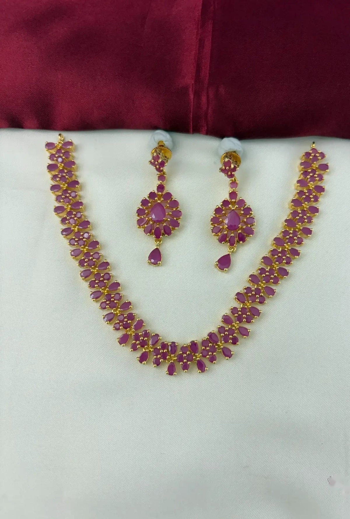 Crimson Ruby Necklace Set for Sarees – crimson ruby-tone necklace set, full set view with matching earrings – front view