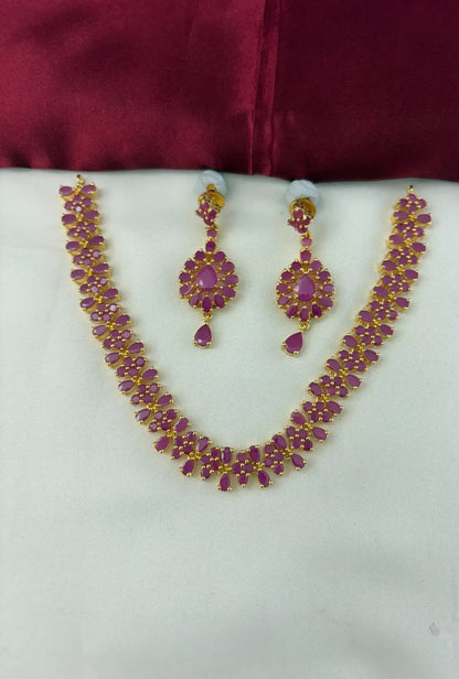 Crimson Ruby Necklace Set for Sarees – crimson ruby-tone necklace set, full set view with matching earrings – front view