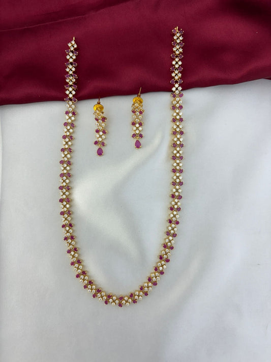 Crimson Sparkle Weave Ruby & AD Long Necklace and Earring Set - Main view – front view