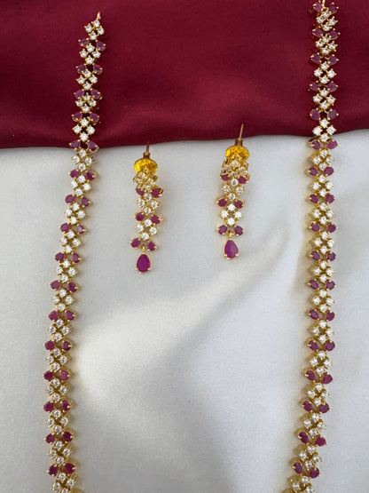 Detailed close-up of the Crimson Sparkle Weave Ruby & AD Long Necklace and Earrings, highlighting the stone work and – view 2