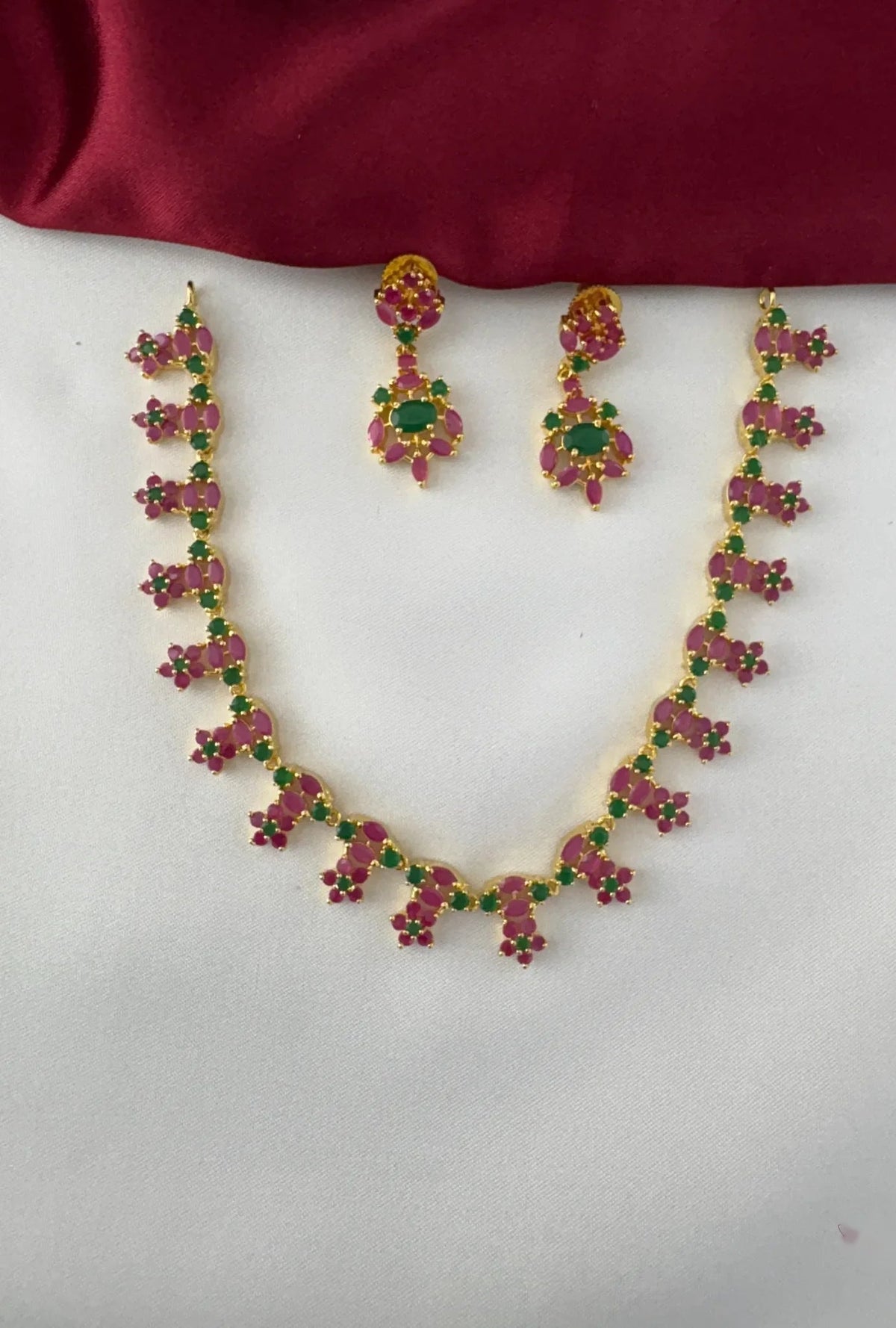 Dainty Trellis Necklace Set with Ruby and Emerald Accents – Gold Plated Ruby Emerald Earrings - Close-up view – front view