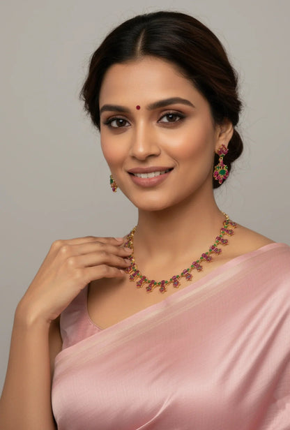 Dainty Trellis Necklace Set with Ruby and Emerald Accents – Gold Plated Ruby Emerald Vine Necklace Set - Model – view 2