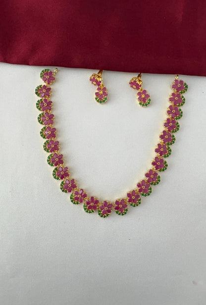 Delicate Cluster Necklace Set with Ruby and Emerald Accents – Gold Plated Floral Ruby Emerald Necklace Set – front view