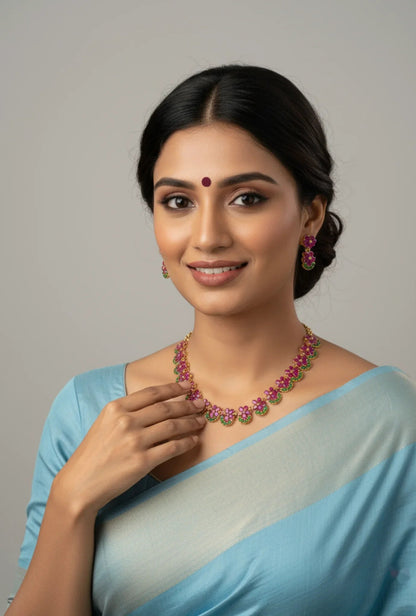 Delicate Cluster Necklace Set with Ruby and Emerald Accents – Gold Plated Floral Ruby Emerald Necklace Set - Model – view 2