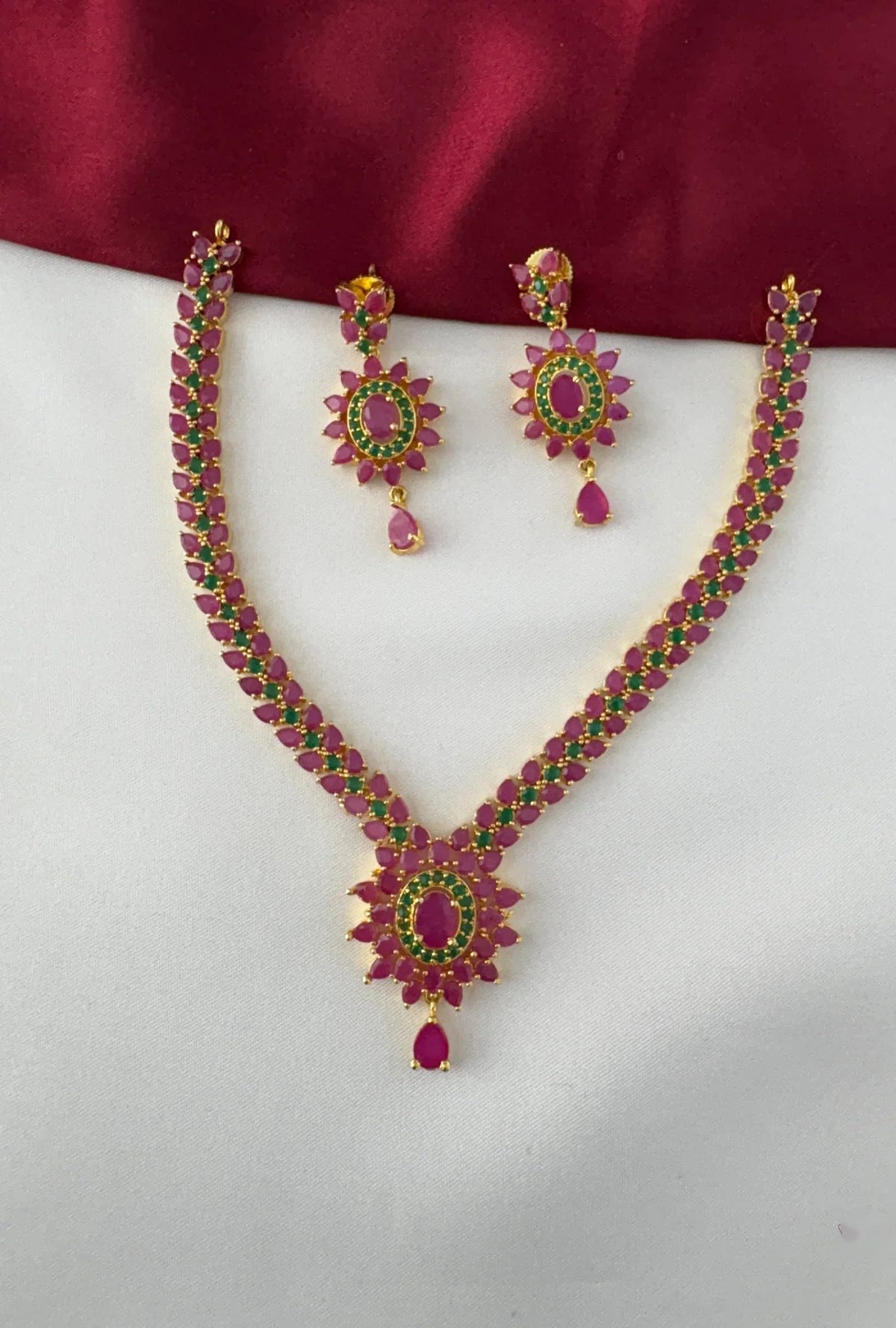 Drop Necklace Set with Ruby and Emerald Accents – Gold Plated Floral Ruby Emerald Necklace Set - Front view showing the