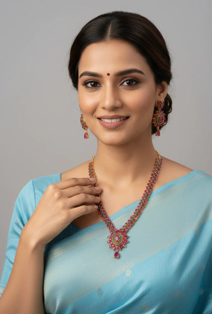 Drop Necklace Set with Ruby and Emerald Accents – Gold Plated Floral Ruby Emerald Necklace Set - Model wearing set – view 2