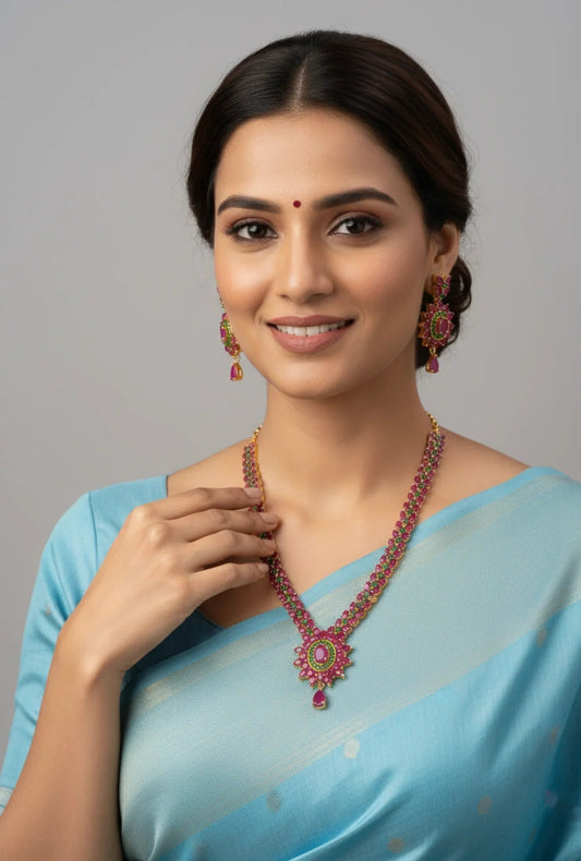 Drop Necklace Set with Ruby and Emerald Accents – Gold Plated Floral Ruby Emerald Necklace Set - Model wearing set – view 2
