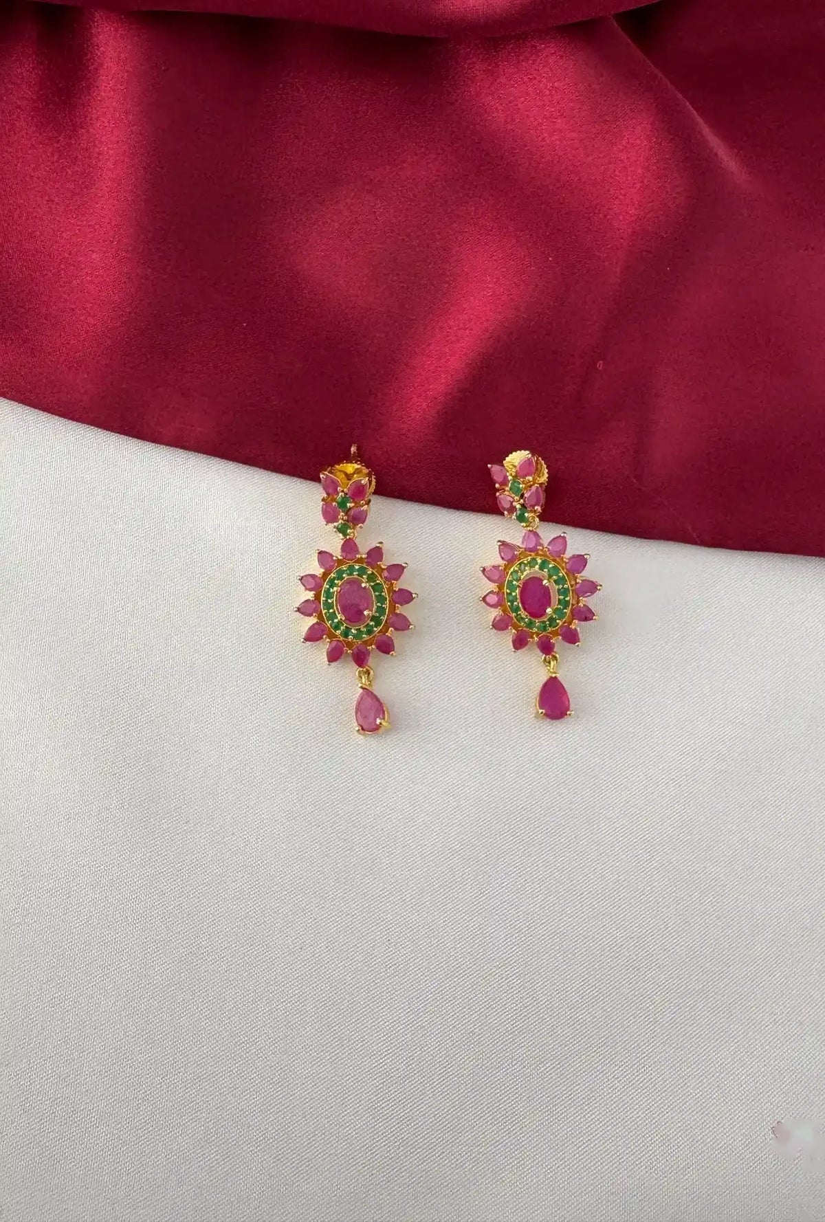 Drop Necklace Set with Ruby and Emerald Accents – Gold Plated Floral Ruby Emerald Earrings - Close-up view – view 3