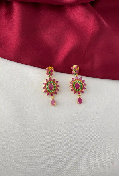 Drop Necklace Set with Ruby and Emerald Accents – Gold Plated Floral Ruby Emerald Earrings - Close-up view – view 3