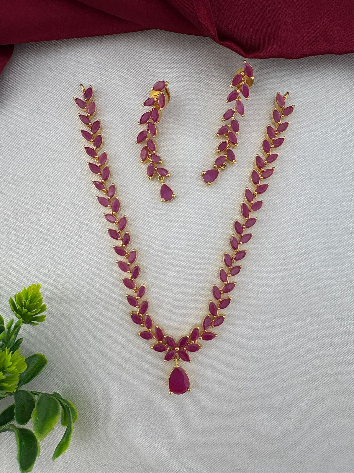 Elegant Ruby CZ Short Necklace Set for Bangalore Events – Elegant Ruby-Tone CZ Short Necklace and Earrings Set – front view