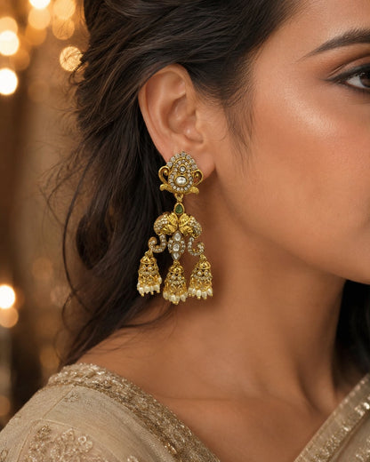 Ornate Triple-Jhumka Antique-Polish CZ Hanging Earrings with Pearl-Look Fringe – emerald earrings styled with Indian – view 2