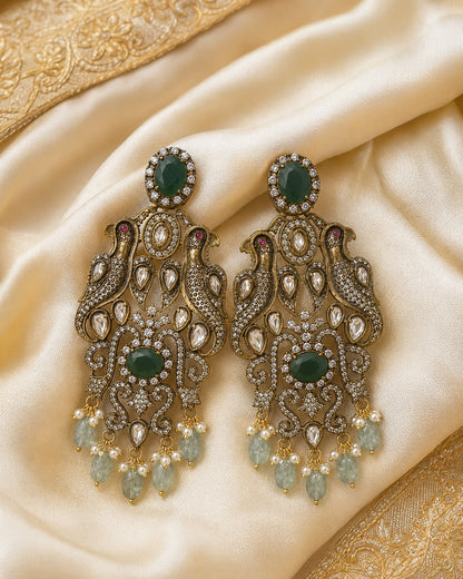 Emerald Peacock Victorian-Style CZ and Moissanite-Style Long Hanging Earrings – emerald earrings styled with saree – view 3