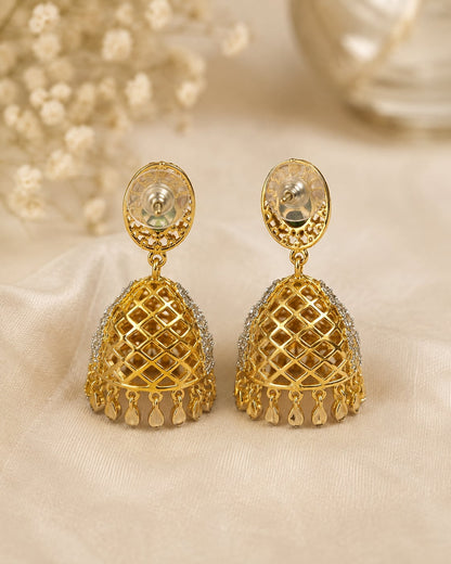 Emerald Oval Ganga Jamuna CZ Jhumka Earrings with Leaf-Drop Fringe – emerald jhumka earrings for sarees, kurtas, and – view 5