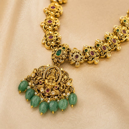 Emerald Lakshmi Pendant Necklace Set for Pattu Sarees with matching earrings, saree styling view – view 3