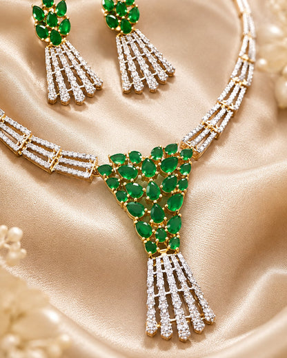 Emerald AD/CZ Tassel Necklace Set for Receptions with matching earrings, festive styling view – view 5