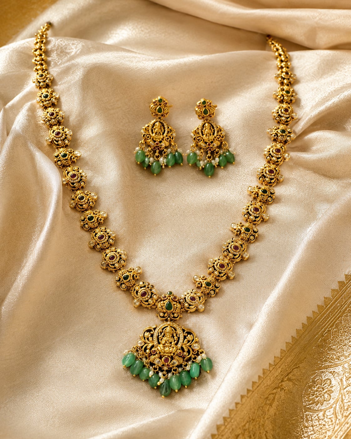 Emerald Lakshmi Pendant Necklace Set for Pattu Sarees with matching earrings, detail view – view 4