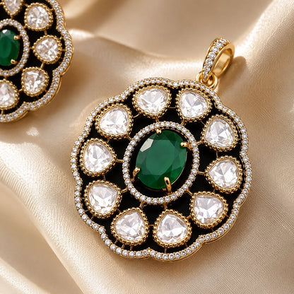 Emerald AD/CZ Round Pendant Set for Receptions with matching earrings, detail view – view 4