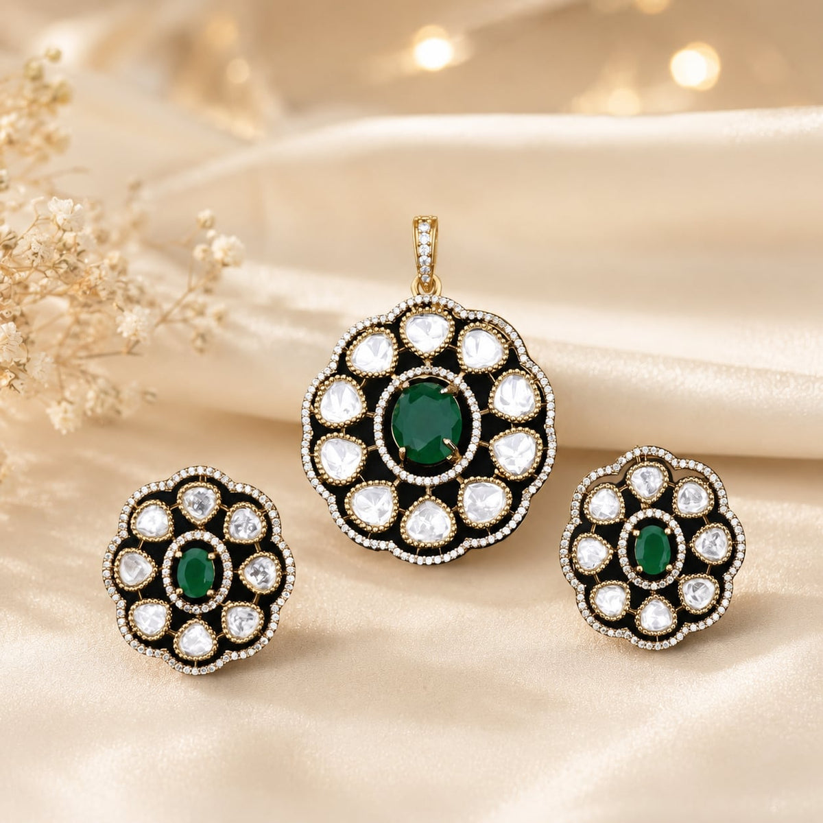 Emerald AD/CZ Round Pendant Set for Receptions with matching earrings, front view
