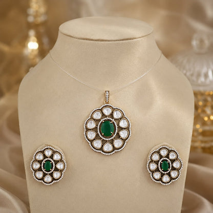 Emerald AD/CZ Round Pendant Set for Receptions with matching earrings, festive styling view – view 5